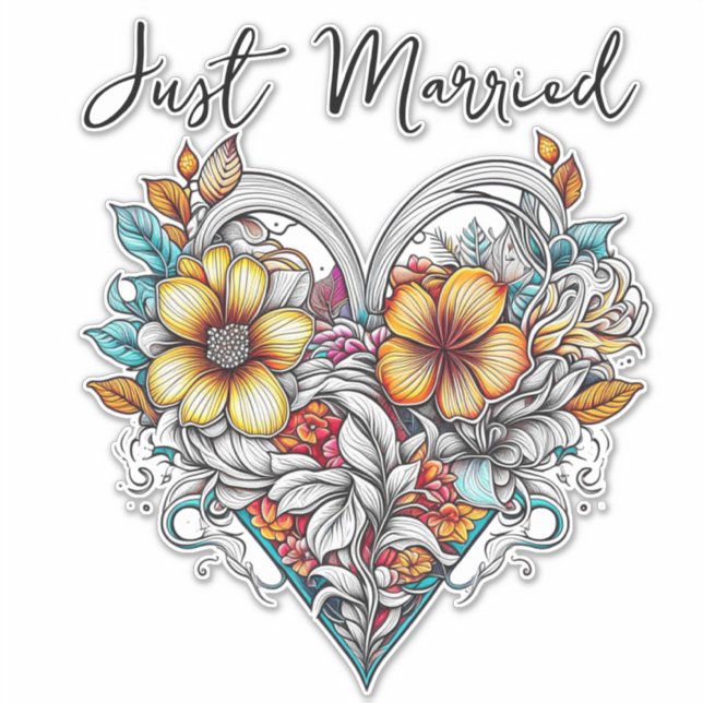 Blumenherz Romantik | Just Married Aufkleber (Vorderseite)