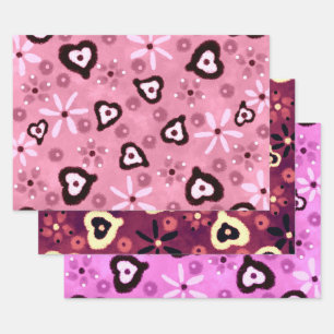 Blumenherzen Schattierungen von Rosa Muster Decoup Geschenkpapier Set