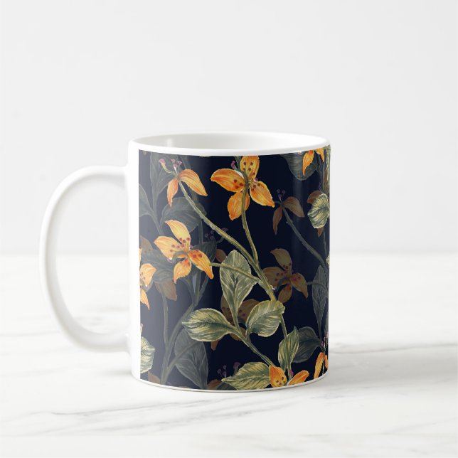 Blumenhintergrund in nahtlosem Muster. Kaffeetasse (Links)