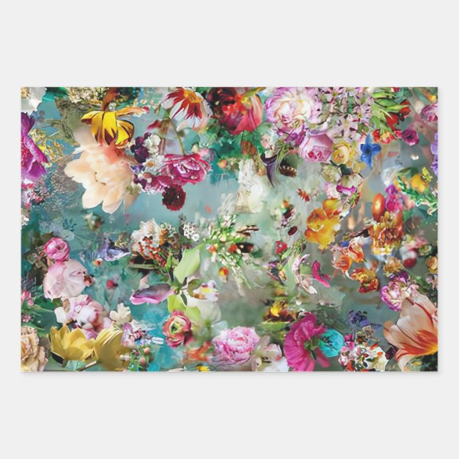 Blumenhintergrund Mehrfarbig Aquamarin Geschenkpapier Set (Vorderseite)