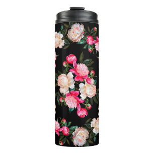 Blumenhintergrund. Rosa und weiß auf einem Dar Thermosbecher