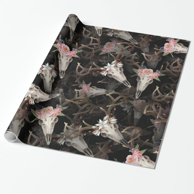 Blumenhirsch-Schädelmuster Geschenkpapier (Ungerollt)