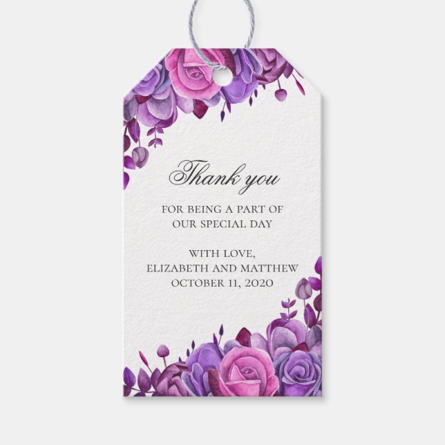 Blumenhochzeit danke. Rosa und violette Blumen Geschenkanhänger (Vorderseite)