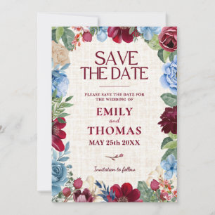 Blumenhochzeit, elegantes Burgund und romantische Save The Date