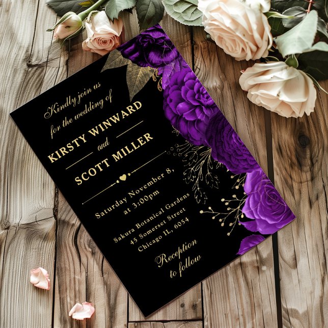 Blumenhochzeit in lila und goldenen Rose Einladung (Von Creator hochgeladen)