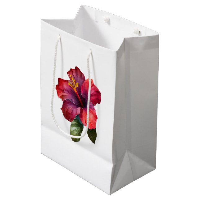 Blumenhochzeit in Rot-Tropen-Hibiskus Mittlere Geschenktüte (Vorderseite Schrägansicht)