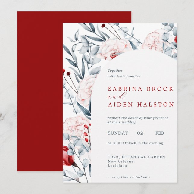 Blumenhochzeit in Rot und Blau der Blume Einladung (Vorne/Hinten)