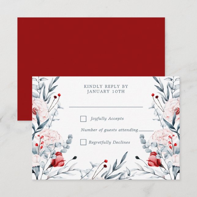 Blumenhochzeit in Rot und Blau der Blume RSVP Karte (Vorne/Hinten)