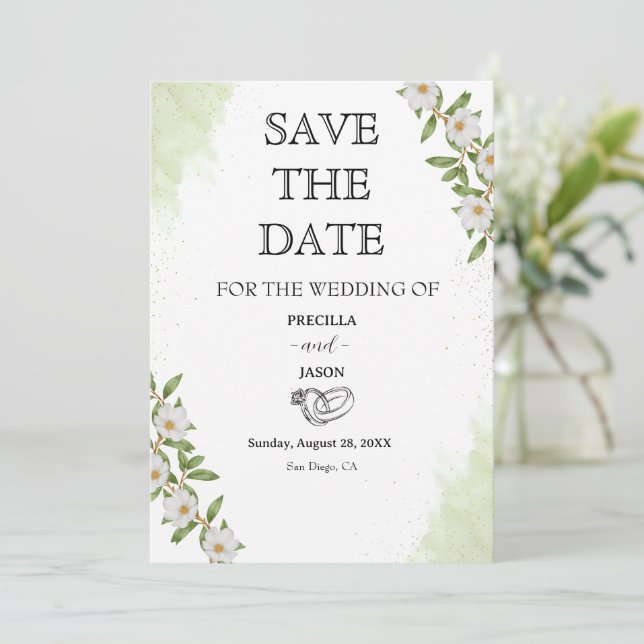 Blumenhochzeit in Weiß und Grün Save The Date (Stehend Vorderseite)