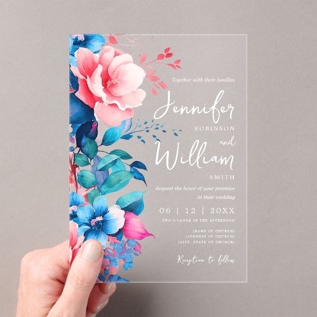 Blumenhochzeit Moderne Script Typografie Blau Pink Acryleinladungen (Insitu (Handheld))