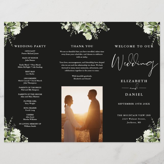 Blumenhochzeitsprogramm mit Grünpflanzen im Dreifa Flyer (Vorne)
