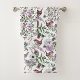 Blumenillustration mit Singvögeln in Lila und Grün Badhandtuch Set