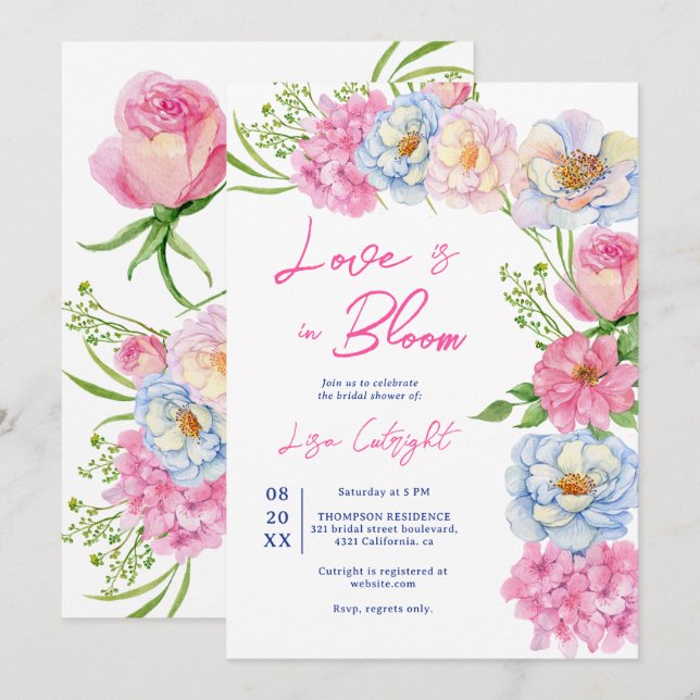 Blumenische Liebe im blühenden Rosa Brautparty Einladung (Vorne/Hinten)