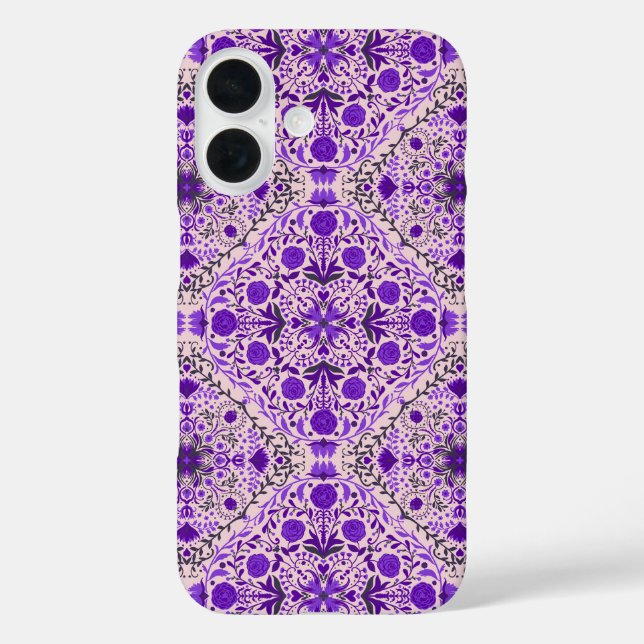 Blumenkacheln in violett- und wattenrosa iPhone 16 hülle (Rückseite)