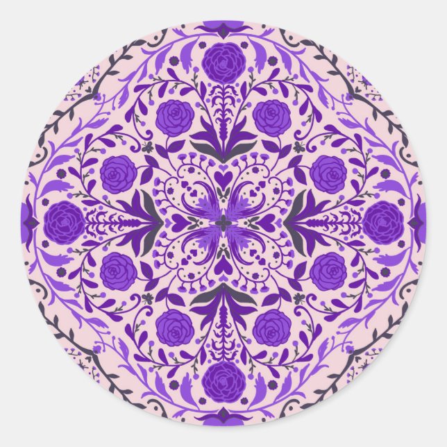 Blumenkacheln in violett- und wattenrosa runder aufkleber (Vorderseite)