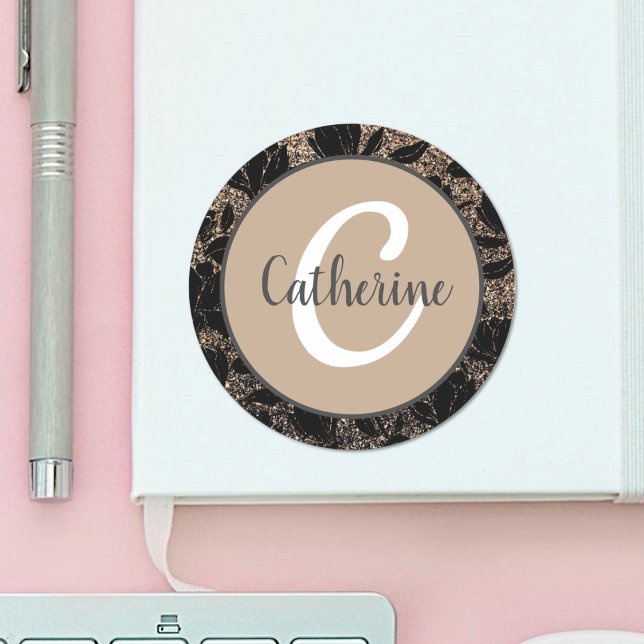 Blumenkaffee Eleganter Mit Monogramm Name Runder Aufkleber (Von Creator hochgeladen)