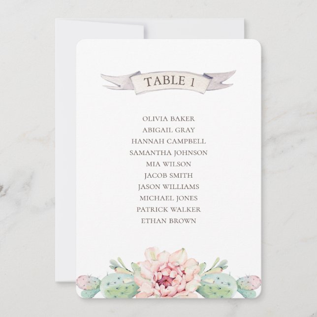 Blumenkakteen und Sukkulente. Hochzeitstabelle Einladung (Vorderseite)