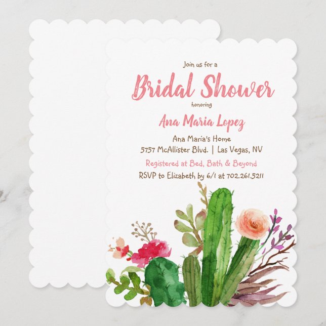 Blumenkaktus Bridal Dusche Einladung (Vorne/Hinten)