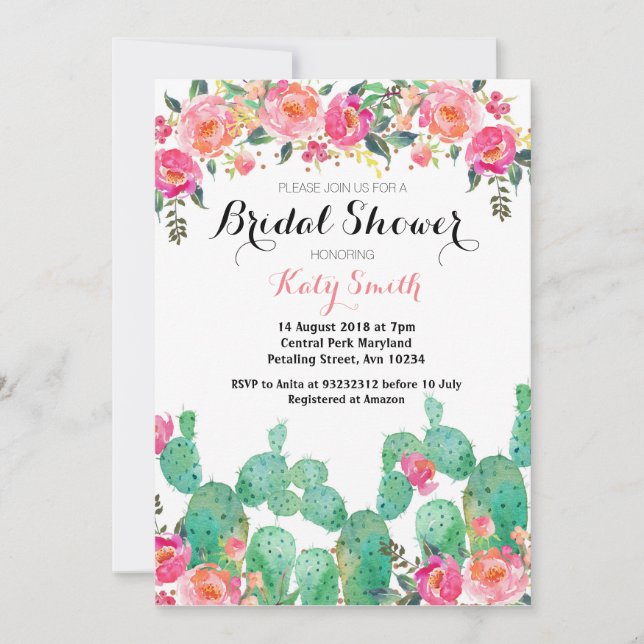 Blumenkaktus Bridal Dusche Einladung (Vorderseite)
