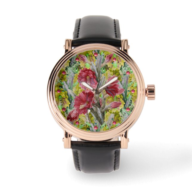 BLUMENKAKTUS, ROT PINK GELBE BLUMEN ARMBANDUHR (Vorderseite)