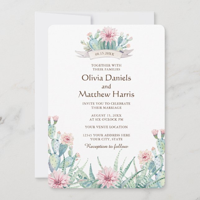 Blumenkaktus & Sukkulent. Botanische Hochzeit Einladung (Vorderseite)