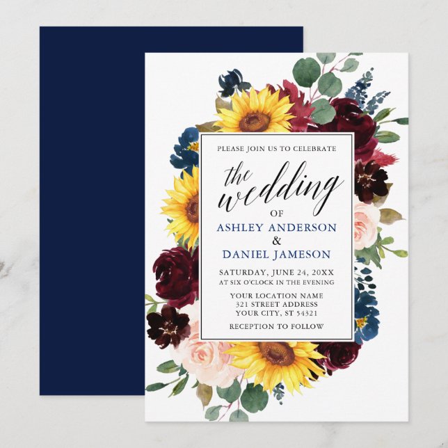 Blumenkalligrafie Hochzeit Blau Einladung (Vorne/Hinten)