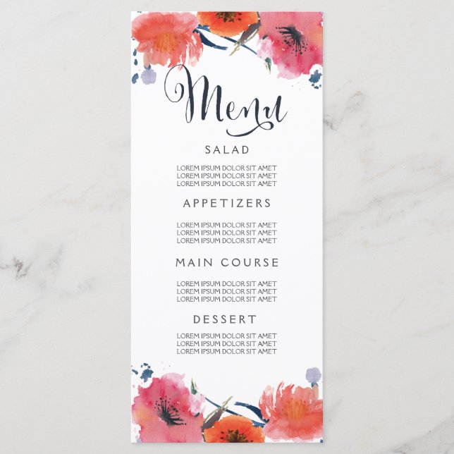 Blumenkarten für Hochzeitsmenüs in Wasserfarben Menükarte (Vorderseite)