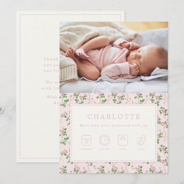Blumenkarten für Rose Baby Birth Foto Einladung (Vorne/Hinten)