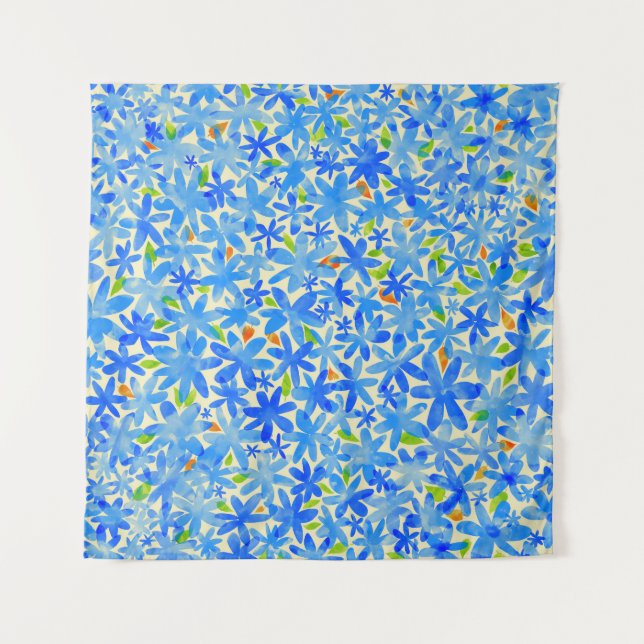 Blumenkaskade: Blaue Blumen Nahtloses Muster Wandteppich (Vorderseite)