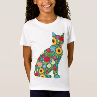 Blumenkatze Silhouette Blütenmuster T-Shirt