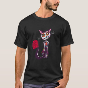 Blumenkatze Zuckerschädel Calavera Dia De Los Muer T-Shirt