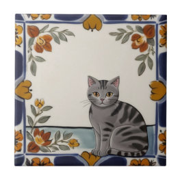 Blumenkatzen - Graue Tabby-Katze und orangefarbene Fliese