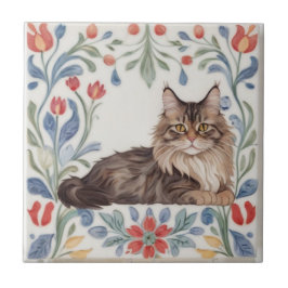 Blumenkatzen - MaineCoon Katze Bunte Volkstümliche Fliese