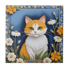Blumenkatzen - Oranges Weißes Ginger-Katze Blaue B Fliese
