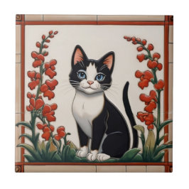 Blumenkatzen - Schwarz-Weiß-Katze Roter Blumengart Fliese