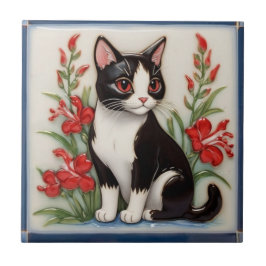 Blumenkatzen - Schwarz-Weiß-Katze und rote Blumen Fliese
