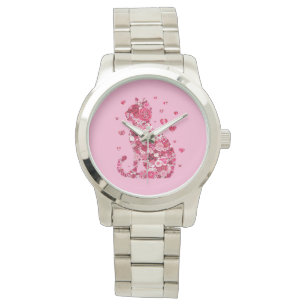 Blumenkatzen Silhouette ArtFaux überzogene Canvas Armbanduhr