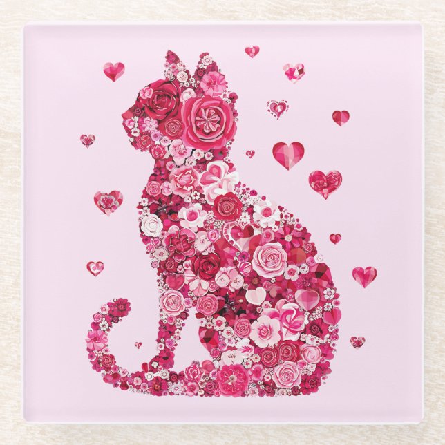 Blumenkatzen Silhouette ArtFaux überzogene Canvas  Glasuntersetzer (Vorderseite)