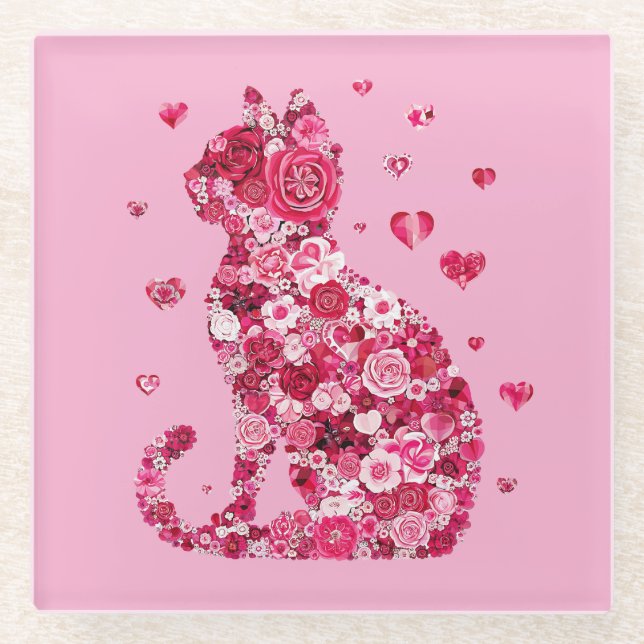 Blumenkatzen Silhouette ArtFaux überzogene Canvas  Glasuntersetzer (Vorderseite)