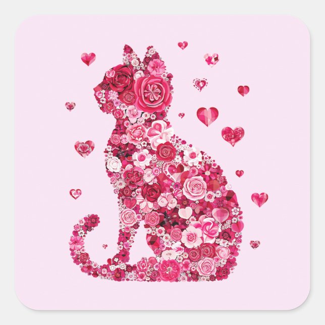 Blumenkatzen Silhouette ArtFaux überzogene Canvas  Quadratischer Aufkleber (Vorderseite)