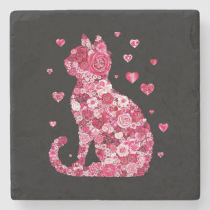 Blumenkatzen Silhouette ArtFaux überzogene Canvas Steinuntersetzer