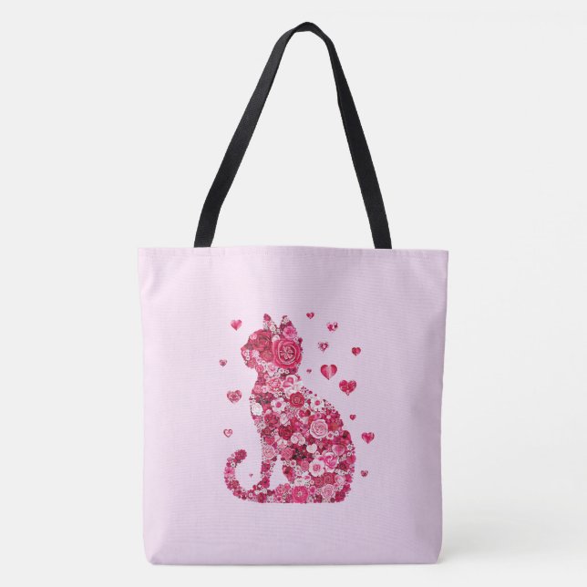 Blumenkatzen Silhouette ArtFaux überzogene Canvas  Tasche (Vorderseite)