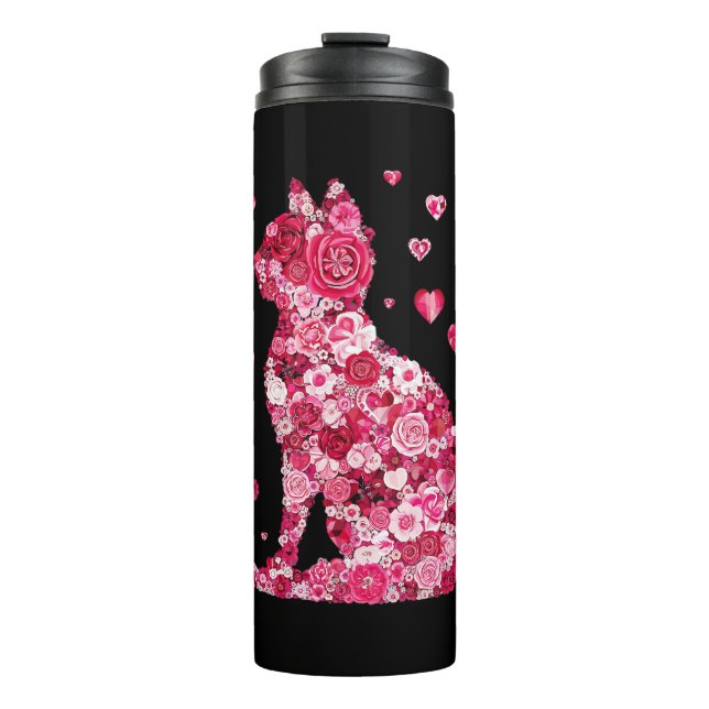 Blumenkatzen Silhouette ArtFaux überzogene Canvas  Thermosbecher (Vorderseite)