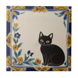 Blumenkatzen - Süße schwarze Katze und orangefarbe Fliese