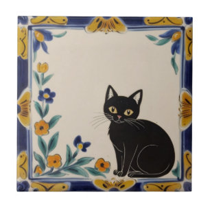 Blumenkatzen - Süße schwarze Katze und orangefarbe Fliese