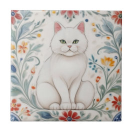 Blumenkatzen - Weiße Katze Bunte Volksblumen Fliese