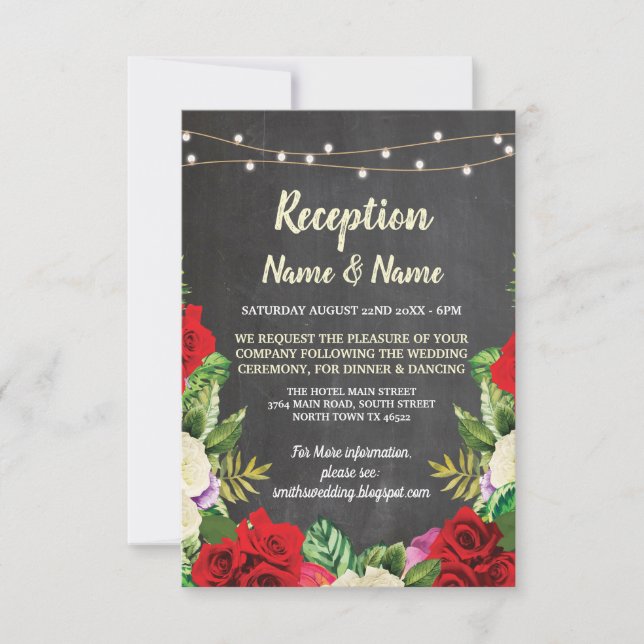 Blumenkhalk Rustikale Hochzeitsempfang Rote Rosen Einladung (Vorderseite)