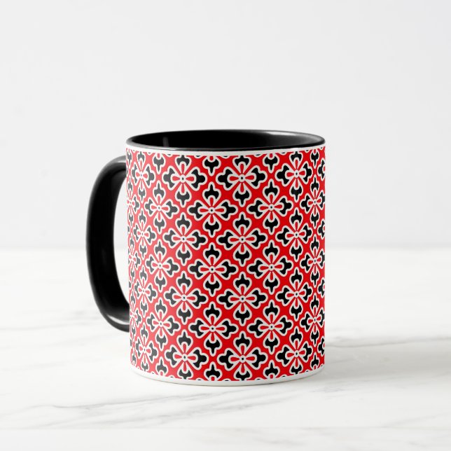 Blumenkimono, rot, schwarz und weiß tasse (Vorderseite Links)