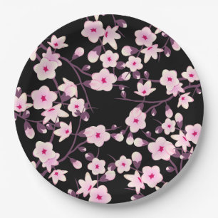 Blumenkirschblüten-Rosa-Schwarzes Pappteller
