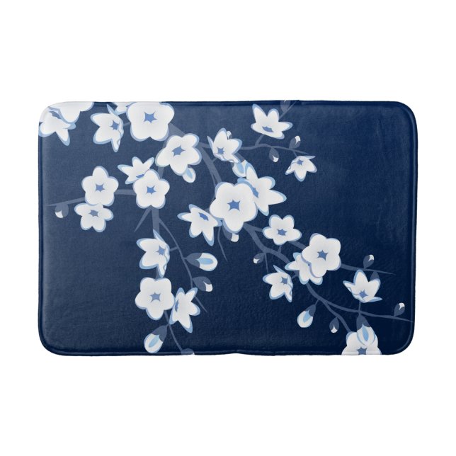 Blumenkirsche Blüten Dunkelblau Weiß Badematte (Vorderseite)